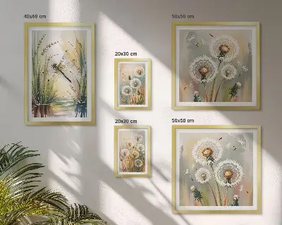 Set van moderne schilderijen met bloemen en libellen in natuurlijke stijl