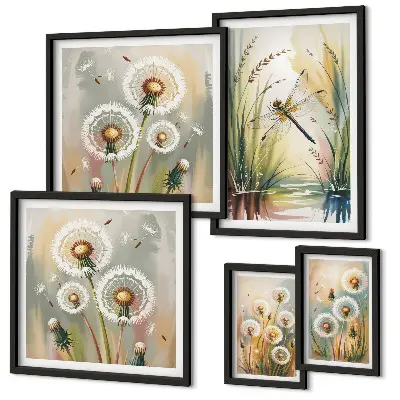 Set van moderne schilderijen met bloemen en libellen in natuurlijke stijl