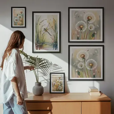 Set van moderne schilderijen met bloemen en libellen in natuurlijke stijl