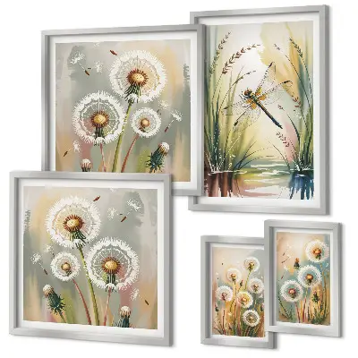 Set van moderne schilderijen met bloemen en libellen in natuurlijke stijl