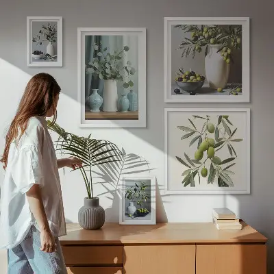 Groene olijven in een vaas decoratie voor aan de muur