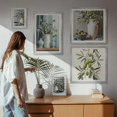 Wanddecoratie compositie met groene olijfbloemen in Scandinavische stijl