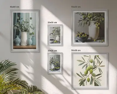 Wanddecoratie compositie met groene olijfbloemen in Scandinavische stijl