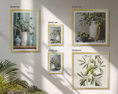 Wanddecoratie compositie met groene olijfbloemen in Scandinavische stijl