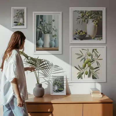 Wanddecoratie compositie met groene olijfbloemen in Scandinavische stijl