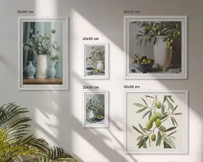 Wanddecoratie compositie met groene olijfbloemen in Scandinavische stijl
