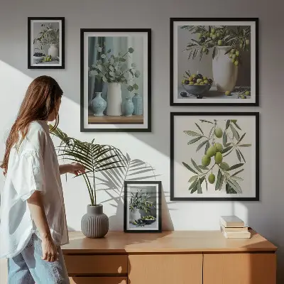 Wanddecoratie compositie met groene olijfbloemen in Scandinavische stijl