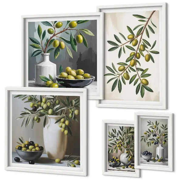 Set van moderne schilderijen met olijfgroene accenten voor in een rustiek interieur