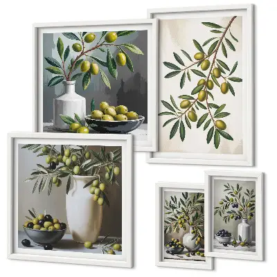Moderne schilderijen set Olijfgroene accenten in een rustiek interieur