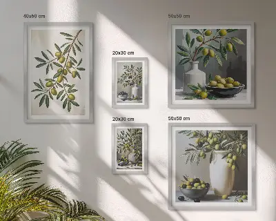Set van moderne schilderijen met olijfgroene accenten voor in een rustiek interieur