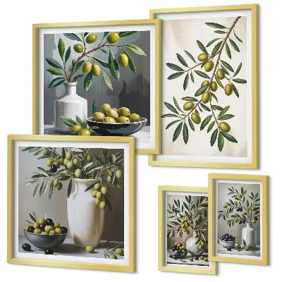 Set van moderne schilderijen met olijfgroene accenten voor in een rustiek interieur
