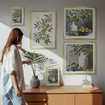 Set van moderne schilderijen met olijfgroene accenten voor in een rustiek interieur