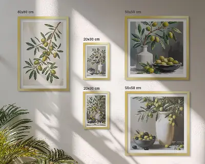 Set van moderne schilderijen met olijfgroene accenten voor in een rustiek interieur