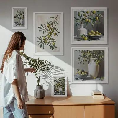 Set van moderne schilderijen met olijfgroene accenten voor in een rustiek interieur