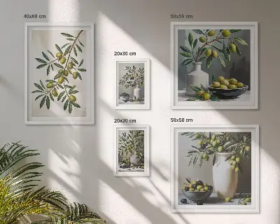 Set van moderne schilderijen met olijfgroene accenten voor in een rustiek interieur