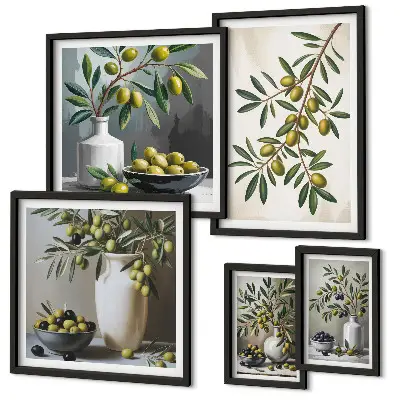 Set van moderne schilderijen met olijfgroene accenten voor in een rustiek interieur