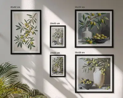 Set van moderne schilderijen met olijfgroene accenten voor in een rustiek interieur