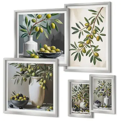 Set van moderne schilderijen met olijfgroene accenten voor in een rustiek interieur