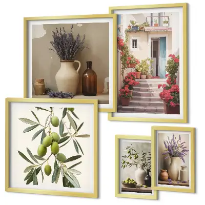 Gallery wall met stijlvolle interieurs, bloemen en fruit