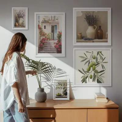 Gallery wall met stijlvolle interieurs, bloemen en fruit
