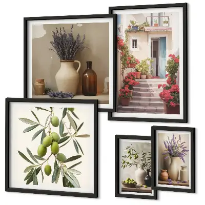 Gallery wall met stijlvolle interieurs, bloemen en fruit