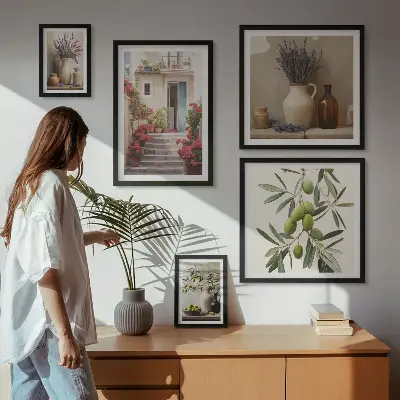 Gallery wall met stijlvolle interieurs, bloemen en fruit