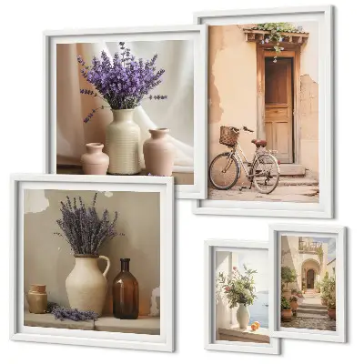 Moderne schilderijen set Stijlvol interieur met een fiets en bloemen