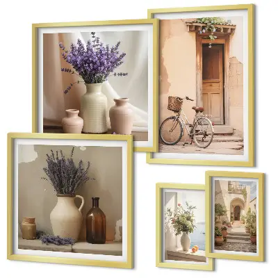 Moderne schilderijen set Stijlvol interieur met een fiets en bloemen