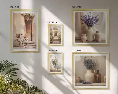 Moderne schilderijen set Stijlvol interieur met een fiets en bloemen