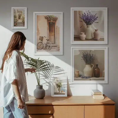 Moderne schilderijen set Stijlvol interieur met een fiets en bloemen