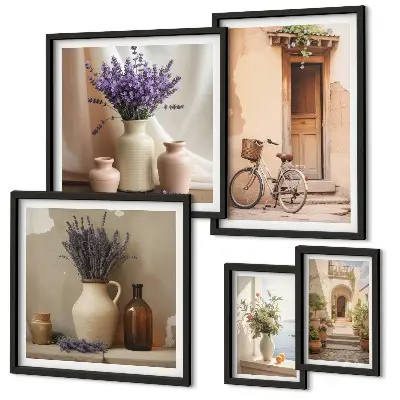 Moderne schilderijen set Stijlvol interieur met een fiets en bloemen