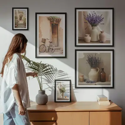 Moderne schilderijen set Stijlvol interieur met een fiets en bloemen