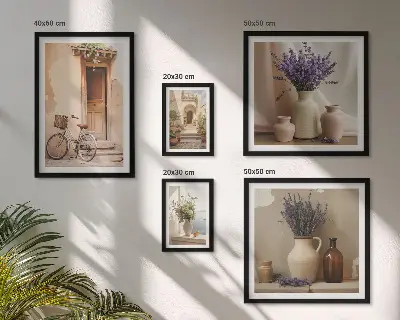 Moderne schilderijen set Stijlvol interieur met een fiets en bloemen