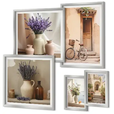 Moderne schilderijen set Stijlvol interieur met een fiets en bloemen