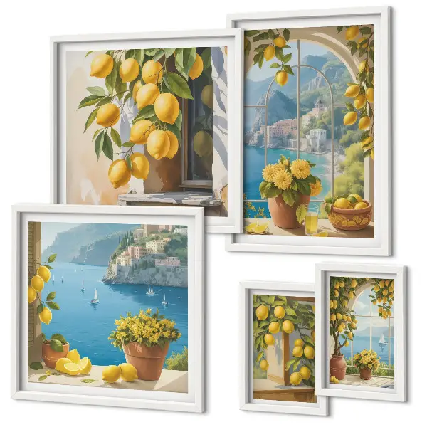 Set van moderne schilderijen met Provençaalse zee en citroenaccenten