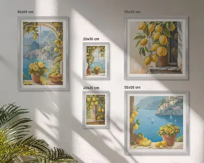 Set van moderne schilderijen met Provençaalse zee en citroenaccenten