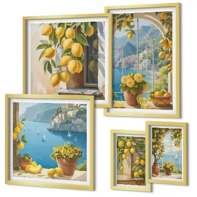 Set van moderne schilderijen met Provençaalse zee en citroenaccenten
