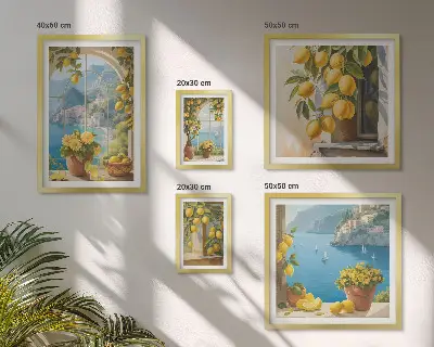 Set van moderne schilderijen met Provençaalse zee en citroenaccenten