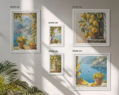 Set van moderne schilderijen met Provençaalse zee en citroenaccenten