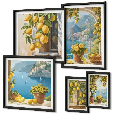 Set van moderne schilderijen met Provençaalse zee en citroenaccenten