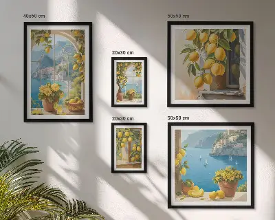 Set van moderne schilderijen met Provençaalse zee en citroenaccenten