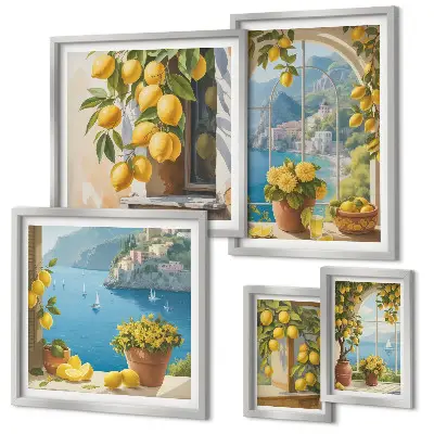 Set van moderne schilderijen met Provençaalse zee en citroenaccenten