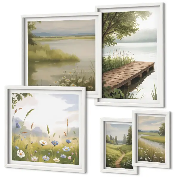 Wanddecoratie compositie Vreedzame landschappen met een brug over een weide.