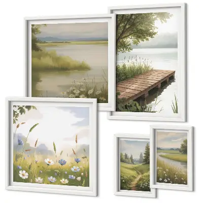 Wanddecoratie compositie Vreedzame landschappen met een brug over een weide.
