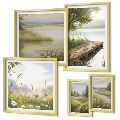 Wanddecoratie compositie Vreedzame landschappen met een brug over een weide.