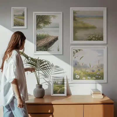 Wanddecoratie compositie Vreedzame landschappen met een brug over een weide.