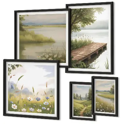 Wanddecoratie compositie Vreedzame landschappen met een brug over een weide.