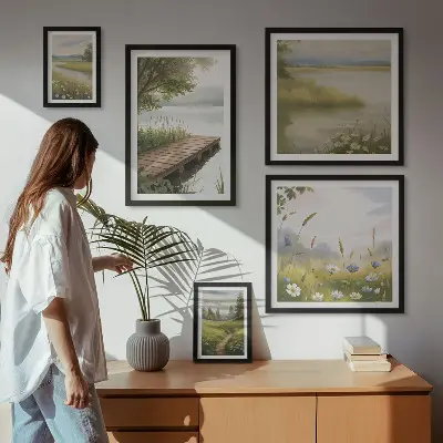 Wanddecoratie compositie Vreedzame landschappen met een brug over een weide.