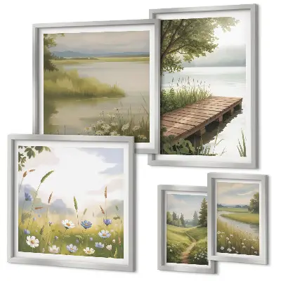 Wanddecoratie compositie Vreedzame landschappen met een brug over een weide.