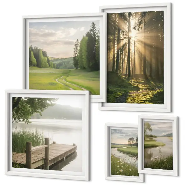 Set van moderne schilderijen met boslandschappen van zon en water